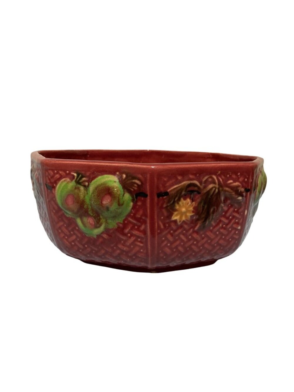Vintage Majolica Basket Weave Burgundy Pinkish Red Bowl With Fruit And Leaves